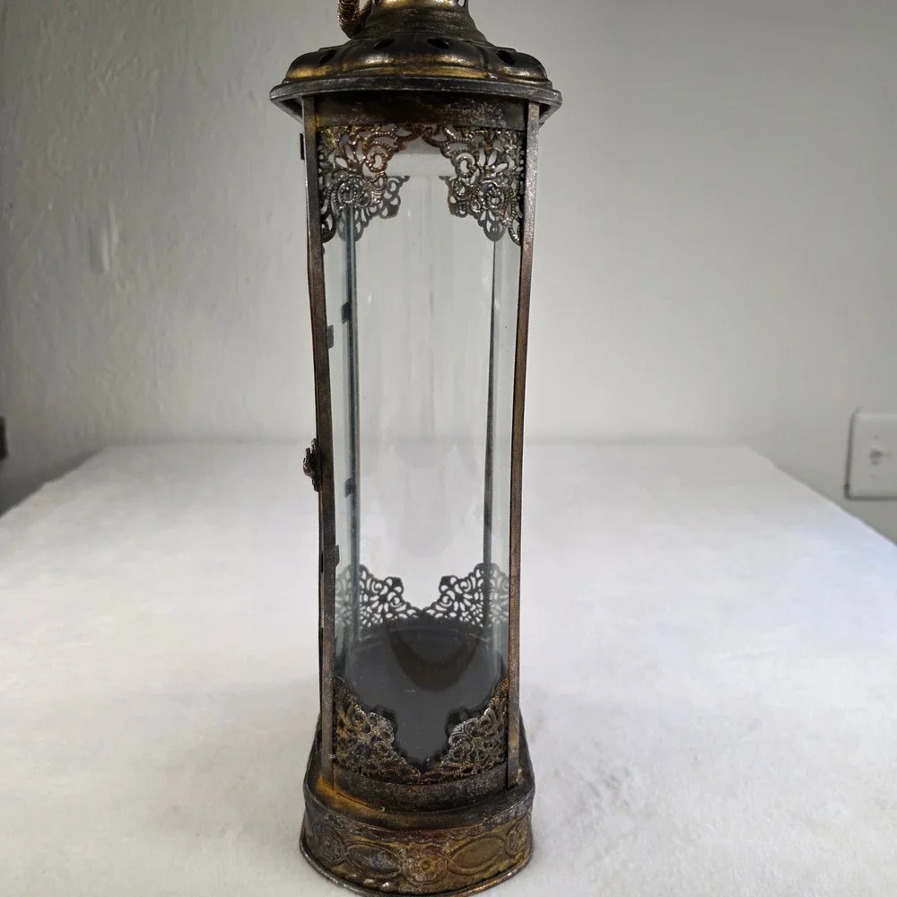Vintage Ornate Metal Glass Candle Lantern Distressed Bronze Gold Filigree Decor
